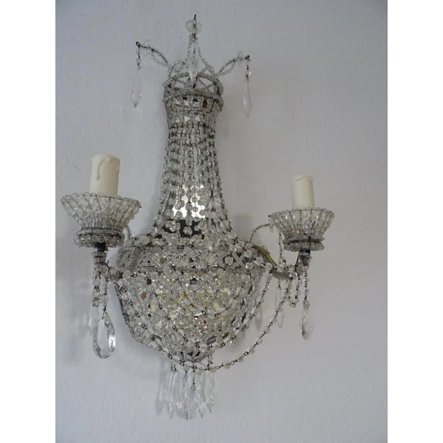 1940s French Crystal Beaded Basket With Prisms and Mirrors Sconces C 1940 For Sale - Image 5 of 13
