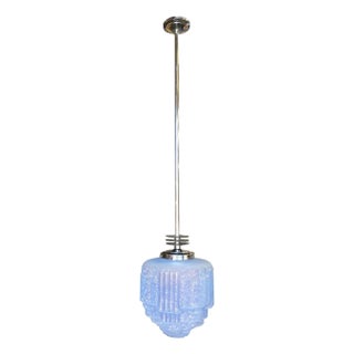 Streamline Ceiling Pendant W Textured Blue Glass Stepped Glass Globe 3 Available For Sale