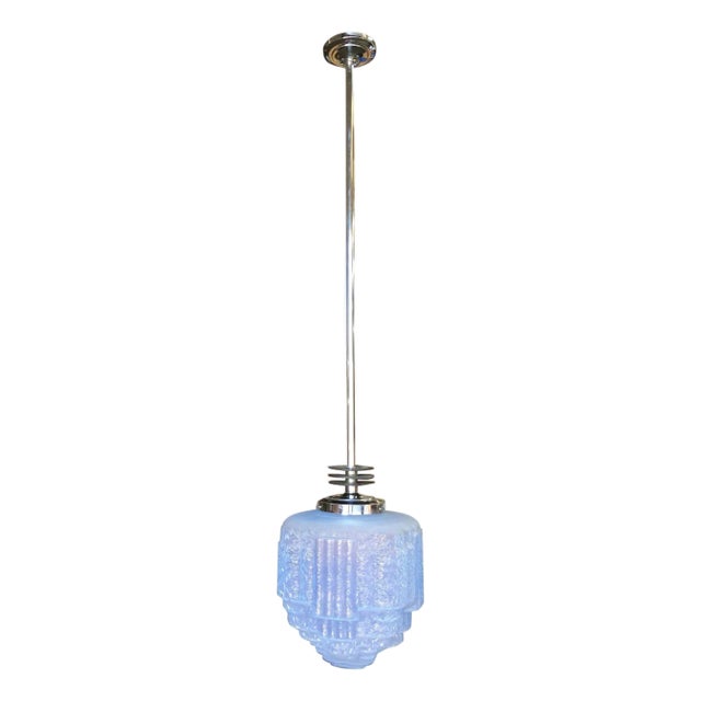 Streamline Ceiling Pendant W Textured Blue Glass Stepped Glass Globe 3 Available For Sale