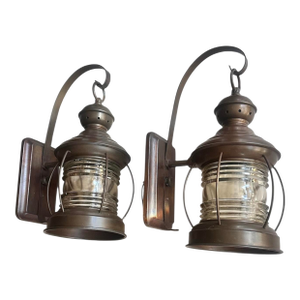 Brass Glass Jar Exterior Wall Sconces Circa 1940 Original Patina