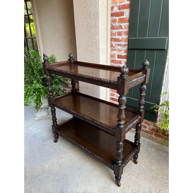 Wood Antique English Hotel Dumbwaiter Server Sideboard Trolley Carved Oak Renaissance For Sale - Image 7 of 12