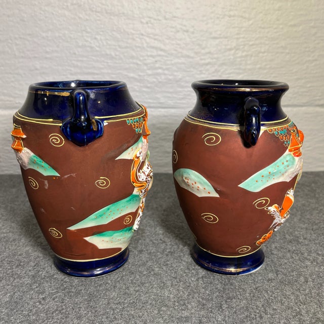 Vintage Pair of Japanese Satsuma Morriage Decorated Vases For Sale - Image 4 of 8