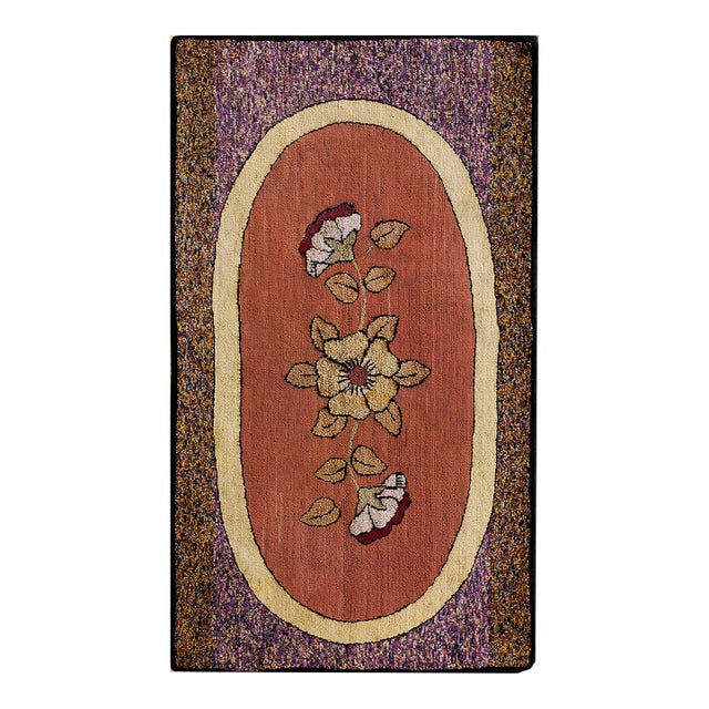 1930s Rust Red Floral Medallion Antique American Hooked Rug 1'9"x3'0" Carpet For Sale
