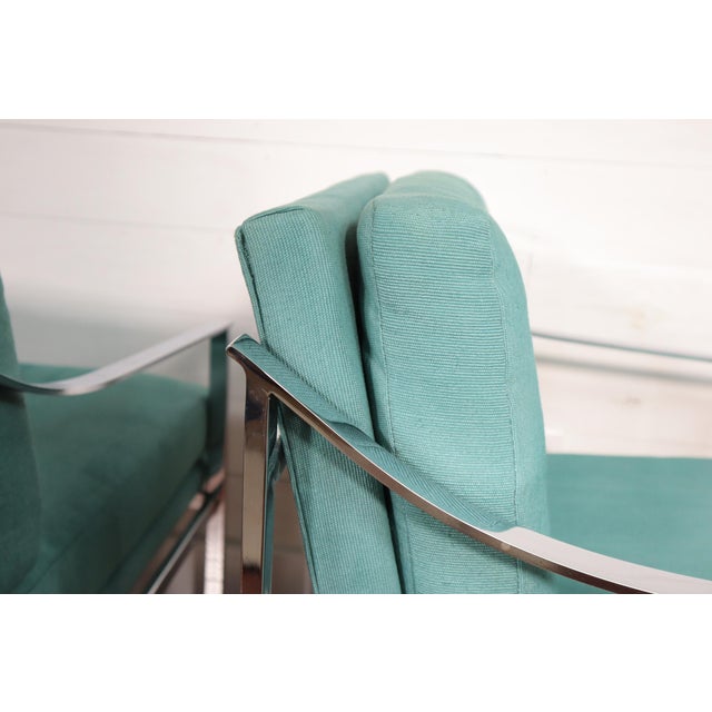Vintage Pair Mid Century Chrome Frame Chairs Milo Baughman Style Green Fabric Modern Retro Sculptural 60's 70’s For Sale - Image 11 of 14