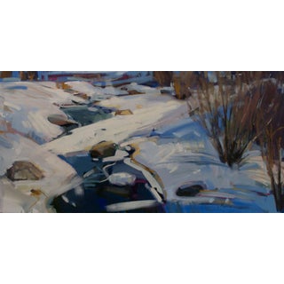 Snowy Day by Samantha Buller | Oil Painting of a snowy landscape with a stream and rocks For Sale