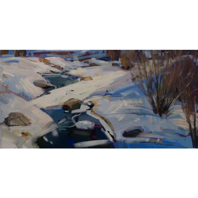 Snowy Day by Samantha Buller | Oil Painting of a snowy landscape with a stream and rocks For Sale
