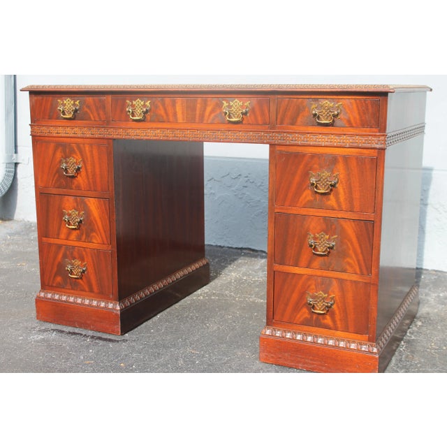 Traditional 1940s Traditional Carved Wood 9 Drawer Writing Desk For Sale - Image 3 of 13