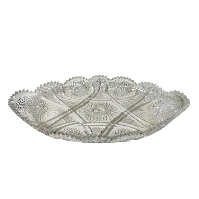 A beautiful cut glass bowl circa 1890s in a lovely oval shape. It is a very brilliant cut glass. Cannot find a signature...