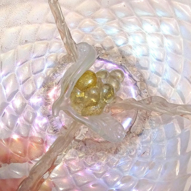 Antique Murano Pink Opal Gold Flecks Iridescent Diamond Quilted Surface Italian Art Deco Glass Serving Bowl For Sale - Image 10 of 12