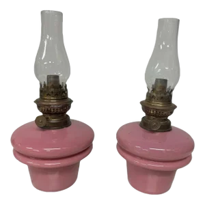 Pair of Antique Victorian Pink Opaline Art Glass Oil Lamp Fonts