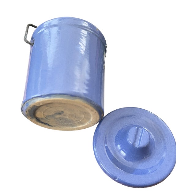 Blue Vintage French Country Periwinkle Blue Ceramic Lidded Canister & Striped Spoon After Digoin Sarreguemines For Sale - Image 8 of 13