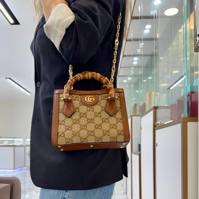 Gucci Diana Crystals Small Gg Canvas Camel Leather Bamboo Handle Tote Bag For Sale - Image 10 of 10