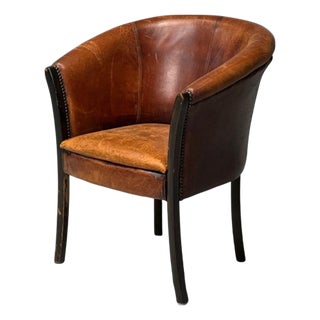 Georgian Style, Distressed Brown Leather, Stained Wood, Tub Chair, Usa, 1960s For Sale