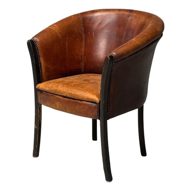 Georgian Style, Distressed Brown Leather, Stained Wood, Tub Chair, Usa, 1960s For Sale