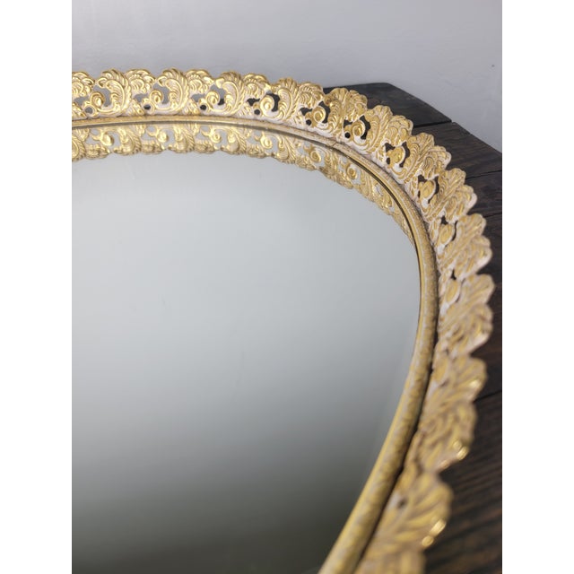 Metal Mid 20th Century Hollywood Regency Oval Mirrored Vanity Tray With Gold Filigree For Sale - Image 7 of 12