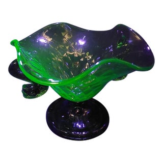 Vintage Fenton Dolphin Green Uranium Glass Two Handled Crimped Bowl For Sale