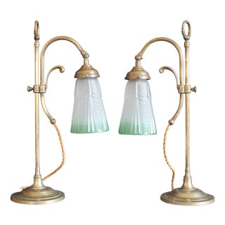 Edwardian Style Brass Rise and Fall Table Lamps with Shades, 1970s, Set of 2 For Sale