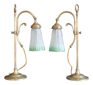 Edwardian Style Brass Rise and Fall Table Lamps with Shades, 1970s, Set of 2