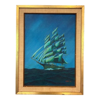 Vintage 1974 Nautical Folk Art Oil Painting on Canvas Board, Signed Beal | Tall Ship Maritime Seascape For Sale