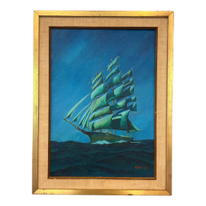 Vintage Nautical Original Oil Painting on Canvas Board, Signed Beal, 1974, Gold Frame