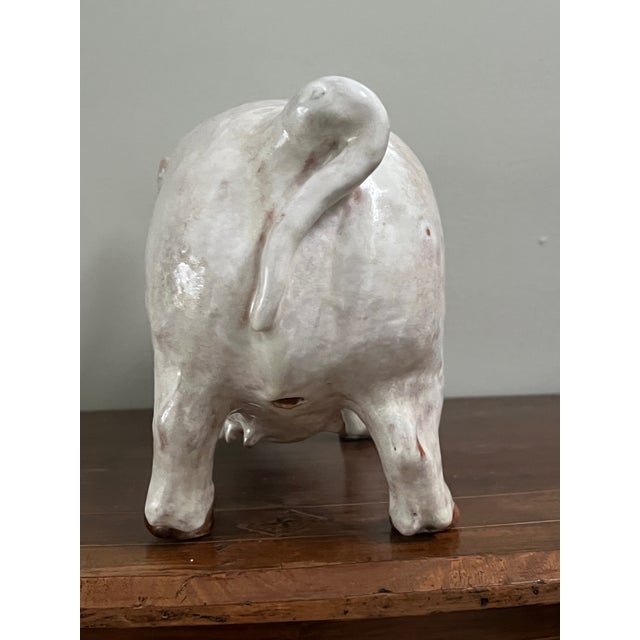 1940s Terra Cotta Tin Glazed Pig With Glass Eyes For Sale - Image 5 of 10