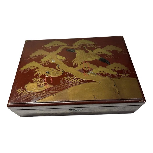 Antique Japanese Lacquer Box with Crane Motif, 1920s For Sale