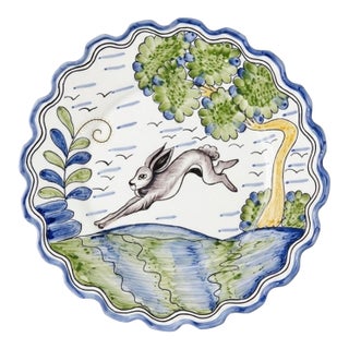 Andrea by Sadek Portuguese Majolica Style Leaping Hare Scalloped Plate For Sale