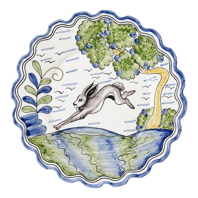 Andrea by Sadek Portuguese Majolica Style Leaping Hare Scalloped Plate For Sale