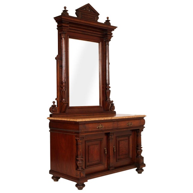 Italian Carved Walnut Dressing Cabinet with Mirror and Marble Top, 19th Century, Set of 2 For Sale - Image 15 of 15