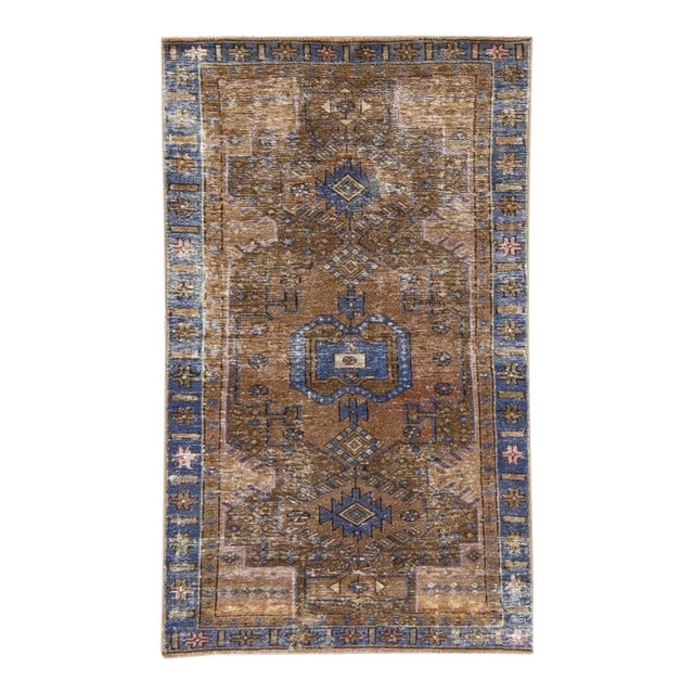 1960s Vintage Persian Distressed Handmade Medallion Borwn Wool Rug For Sale