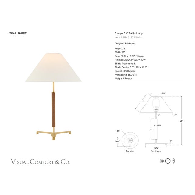 Ray Booth by Visual Comfort Signature Amaya 28" Table Lamp in Antique-Burnished Brass and Walnut with Linen Shade...