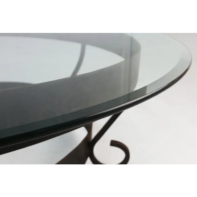 1930s Rustic Round Coffee Table with Wrought Iron Base and Glass Top, France, 1930s For Sale - Image 5 of 12
