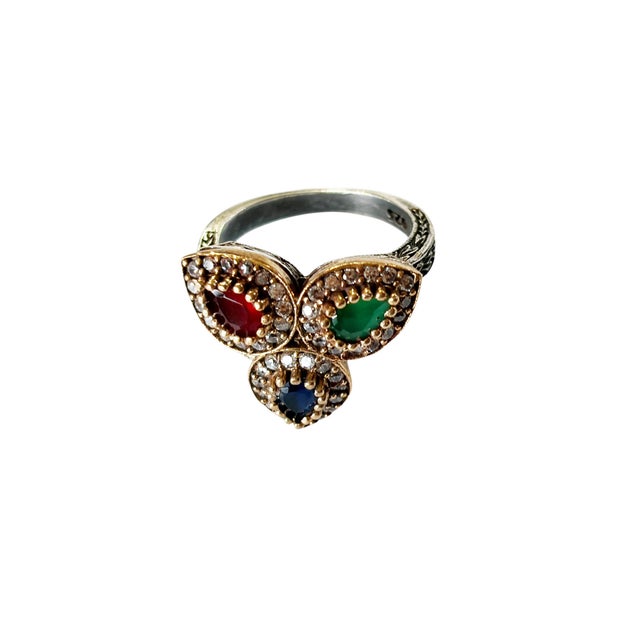 Vintage Natural Ruby, Emerald, Sapphire & Diamond Ring - 925 Sterling Silver Size 8 For Sale - Image 4 of 9