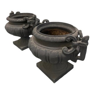 Pair of Vintage Neo-Classical Cast Iron Style Garden Urns – Matte Black For Sale