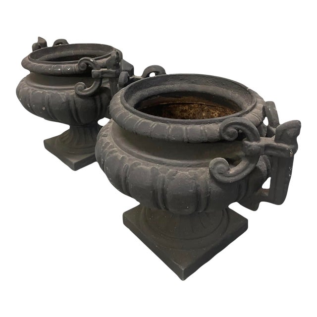 Pair of Vintage Neo-Classical Cast Iron Style Garden Urns – Matte Black For Sale