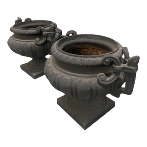 Pair of Vintage Neo-Classical Cast Iron Style Garden Urns – Matte Black