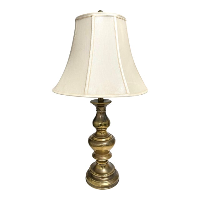Vintage Brass Stiffel Table Lamp W/ Original Shade For Sale
