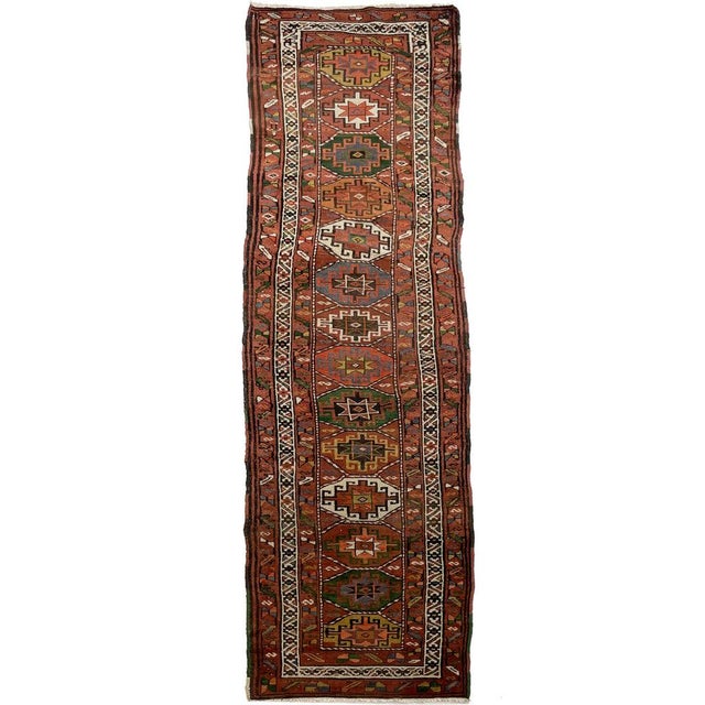 Mid 20th Century PLUSH Vintage Runner Earthy Clay, Terracotta with Incredible Grassy Greens Persimmon Rug 3.4 x 12.7 For Sale - Image 5 of 11