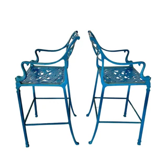 Neoclassical Mid-Century Aluminum Patio Barstools, a Pair For Sale - Image 3 of 8