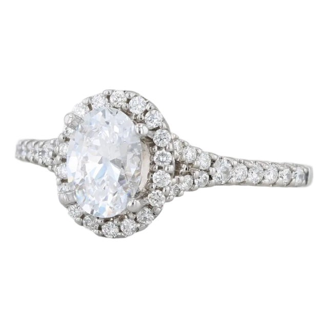 0.86ctw Oval Diamond Halo Semi Mount Engagement Ring 18k White Gold Size 6.25 For Sale