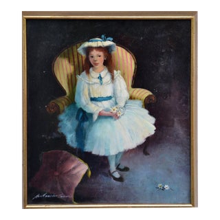 Portrait of Girl in Blue Dress, Oil on Canvas, Signed, Circa 1970 by Jan Hanson Travis For Sale
