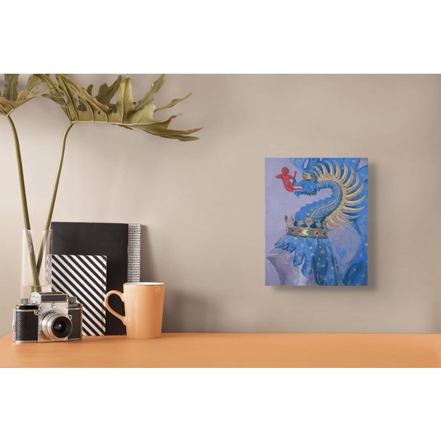 Early 21st Century Protector of The House by Elena Burykina | Oil on panel Blue dragon with a red figure in its mouth. For Sale - Image 5 of 5