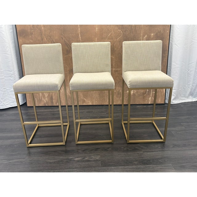 Rh Emery Armless Fabric Counter Stools – Set of 3 Perennials® Performance Textured Linen Weave – Sand | Burnished Brass | Counter Height For Sale - Image 13 of 18
