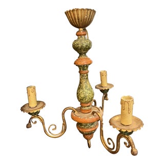 1940s Italian Painted Wood and Brass Three Arm Small Chandelier For Sale