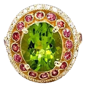 4.48 Carat Peridot Sapphire Diamond Yellow Gold Cocktail Ring, Size 7