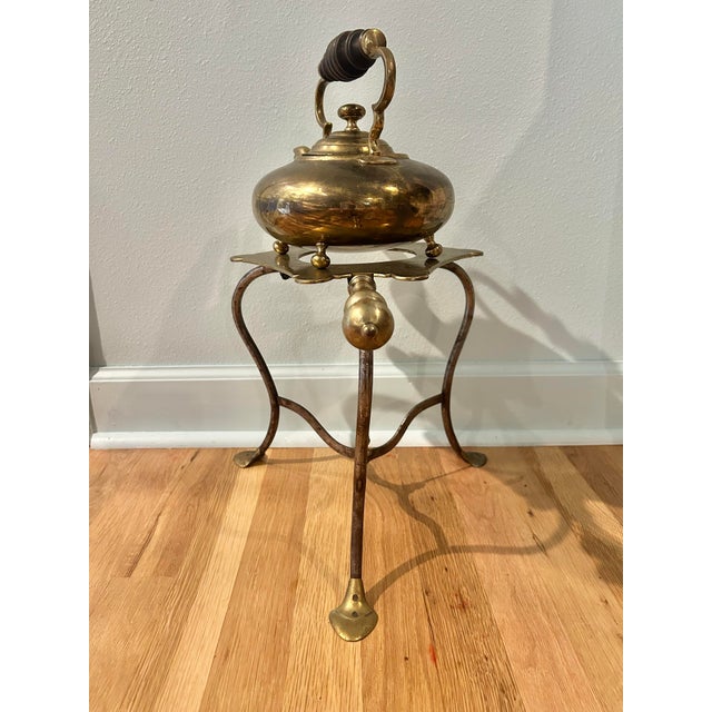 Victorian Late 19th Century English Brass Spirit Kettle on Wrought Iron and Brass Stand For Sale - Image 3 of 12