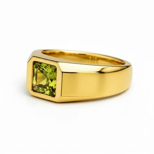 Signet Ring with Peridot for Men silver, gold. Square Solitaire Ring. Minimalist Luxury Pinky Ring. Modern Gentleman...