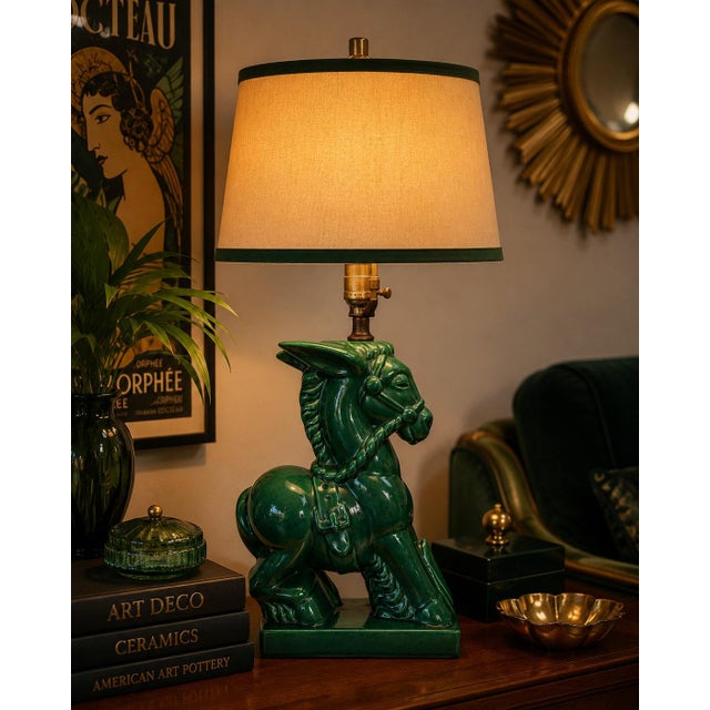 Bring timeless character to any interior with this vintage emerald green glazed ceramic donkey table lamp. Sculpted with...