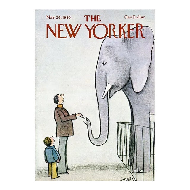 1980, New Yorker Magazine Cover, March 24 (Charles Saxon), Original Vintage Cover, Zoo, Elephant For Sale