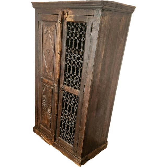 Antique Hand-Carved Wood Wardrobe with Carved Doors and Iron Grille, Bali, Indonesia, 1920s For Sale - Image 15 of 18